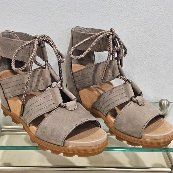 Sorel Joanie II NL3223-365 Open Toe Cut Out Hi Wedge Heel Sandals Taupe Size 8.5 - Picture 1 of 8